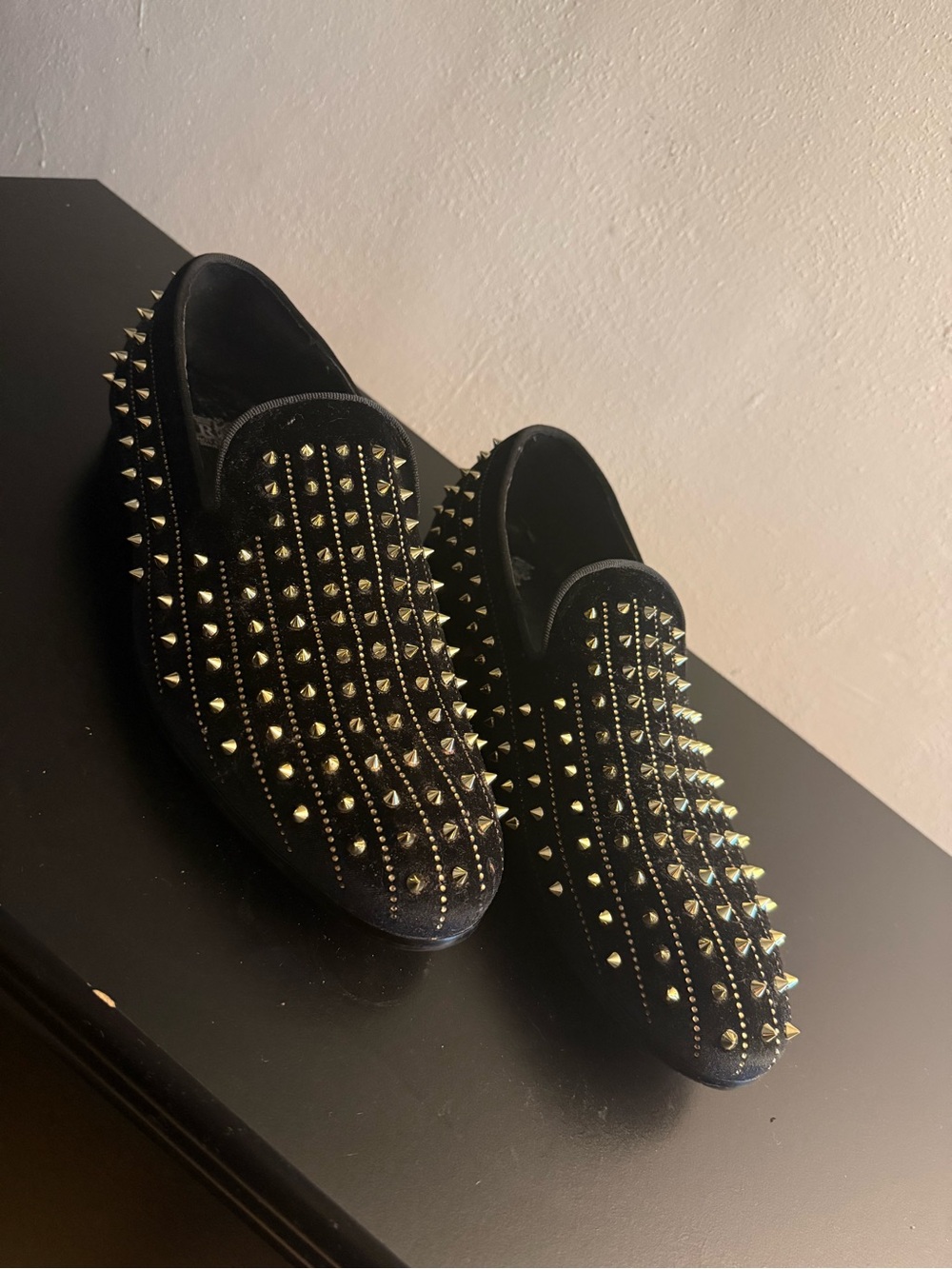 Black Velvet Slip-On Loafers with Gold Stud Accents